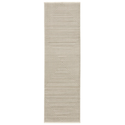 8' Ivory Beige Taupe And Tan Geometric Power Loom Runner Rug With Fringe