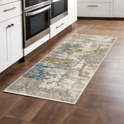 8' Beige Grey Gold Blue Rust And Teal Abstract Power Loom Runner Rug With Fringe