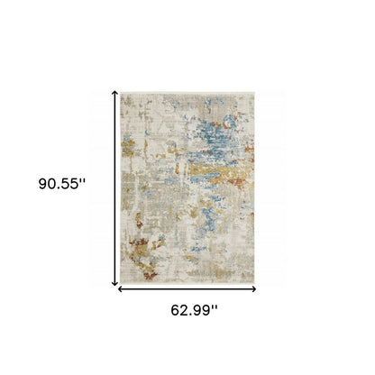 5' X 8' Beige Grey Gold Blue Rust And Teal Abstract Power Loom Stain Resistant Area Rug With Fringe