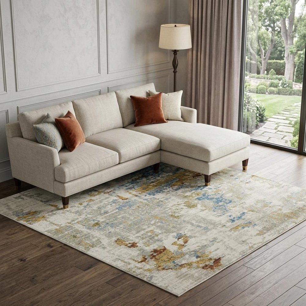 6' X 9' Beige Grey Gold Blue Rust And Teal Abstract Power Loom Stain Resistant Area Rug With Fringe