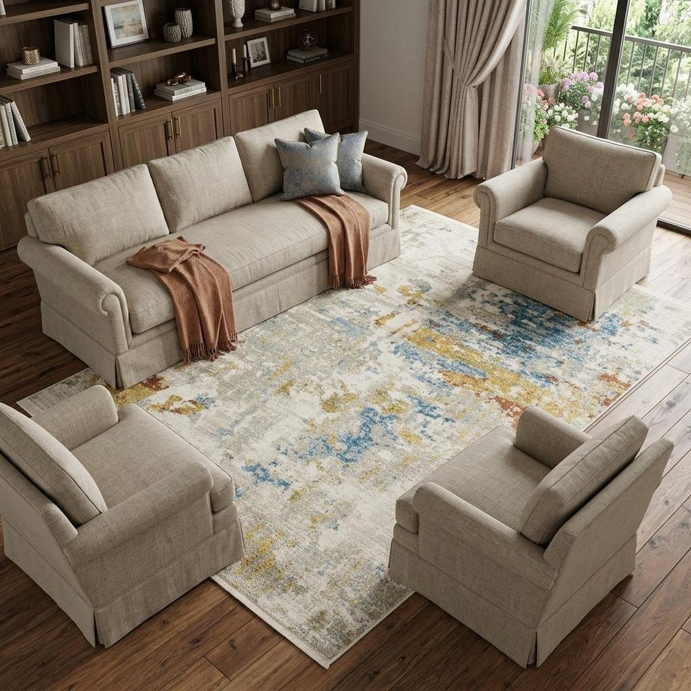 8' X 11' Beige Grey Gold Blue Rust And Teal Abstract Power Loom Stain Resistant Area Rug With Fringe
