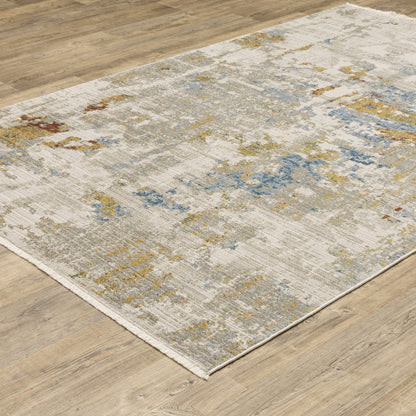 8' X 11' Beige Grey Gold Blue Rust And Teal Abstract Power Loom Stain Resistant Area Rug With Fringe