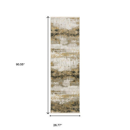 8' Grey Gold Black Charcoal And Beige Abstract Power Loom Runner Rug With Fringe