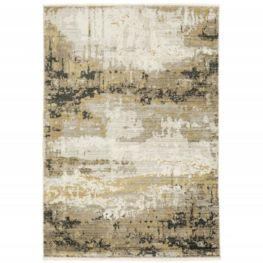 5' X 8' Grey Gold Black Charcoal And Beige Abstract Power Loom Stain Resistant Area Rug With Fringe