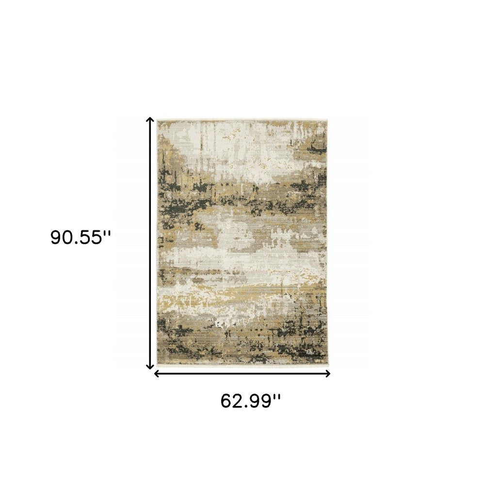 5' X 8' Grey Gold Black Charcoal And Beige Abstract Power Loom Stain Resistant Area Rug With Fringe