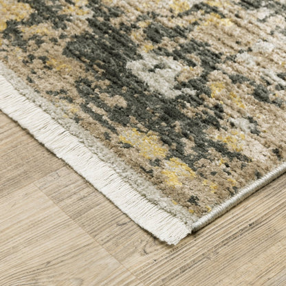 5' X 8' Grey Gold Black Charcoal And Beige Abstract Power Loom Stain Resistant Area Rug With Fringe