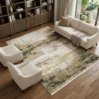 7' X 10' Gray and Black Abstract Power Loom Area Rug With Fringe