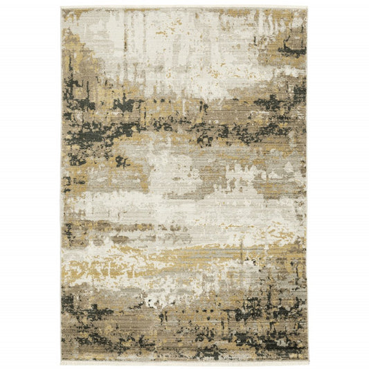 7' X 10' Gray and Black Abstract Power Loom Area Rug With Fringe