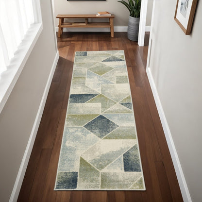 2' X 8' Blue Green Grey Gold And Ivory Geometric Power Loom Stain Resistant Runner Rug