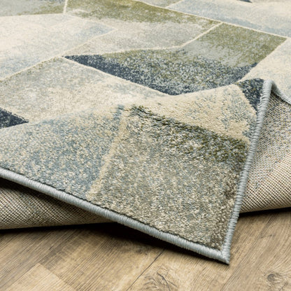 2' X 8' Blue Green Grey Gold And Ivory Geometric Power Loom Stain Resistant Runner Rug