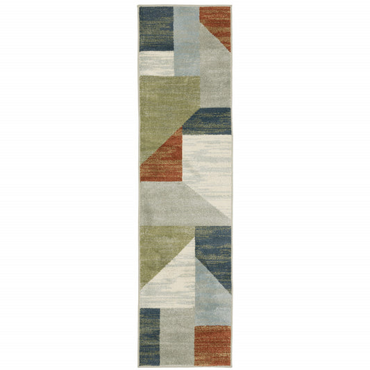 2' X 8' Grey Teal Blue Rust Green And Ivory Geometric Power Loom Stain Resistant Runner Rug