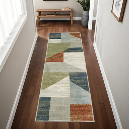 2' X 8' Grey Teal Blue Rust Green And Ivory Geometric Power Loom Stain Resistant Runner Rug