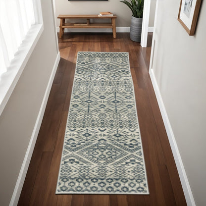 2' X 8' Blue And Beige Geometric Power Loom Stain Resistant Runner Rug