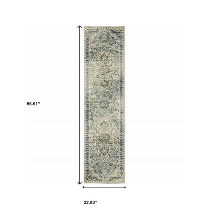 2' X 8' Blue Beige Rust Gold And Teal Oriental Power Loom Stain Resistant Runner Rug