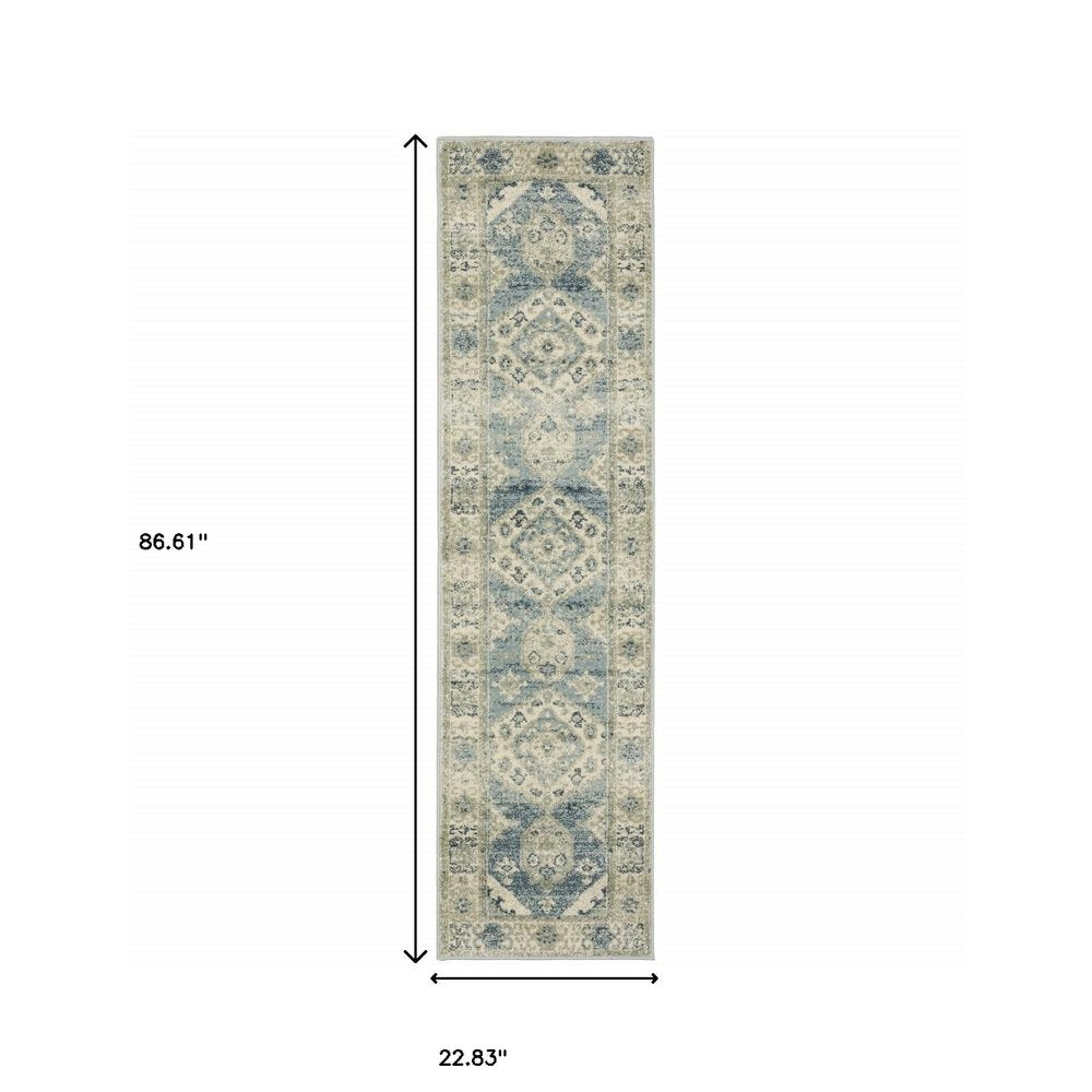 7' Blue And Beige Oriental Distressed Runner Rug