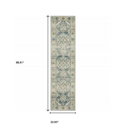 7' Blue And Beige Oriental Distressed Runner Rug
