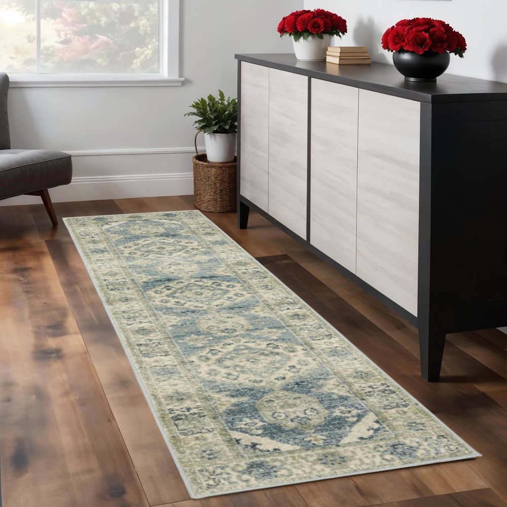 7' Blue And Beige Oriental Distressed Runner Rug