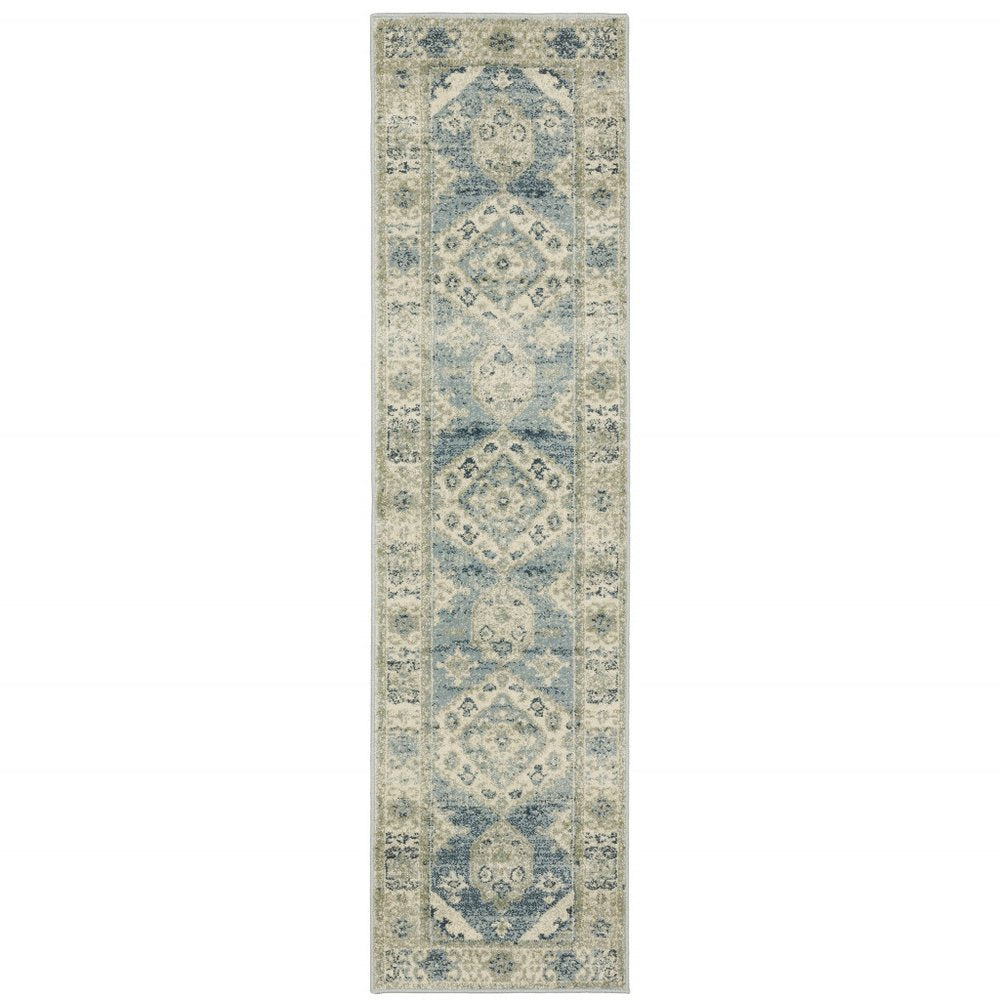 7' Blue And Beige Oriental Distressed Runner Rug
