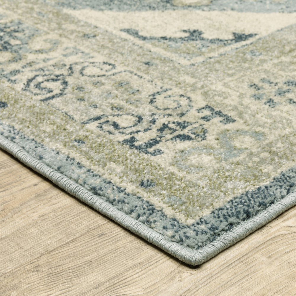 7' Blue And Beige Oriental Distressed Runner Rug