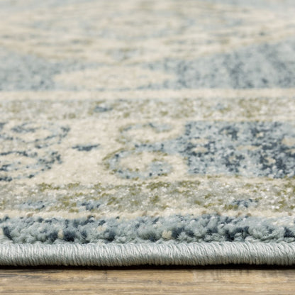 7' Blue And Beige Oriental Distressed Runner Rug