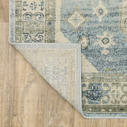 7' Blue And Beige Oriental Distressed Runner Rug