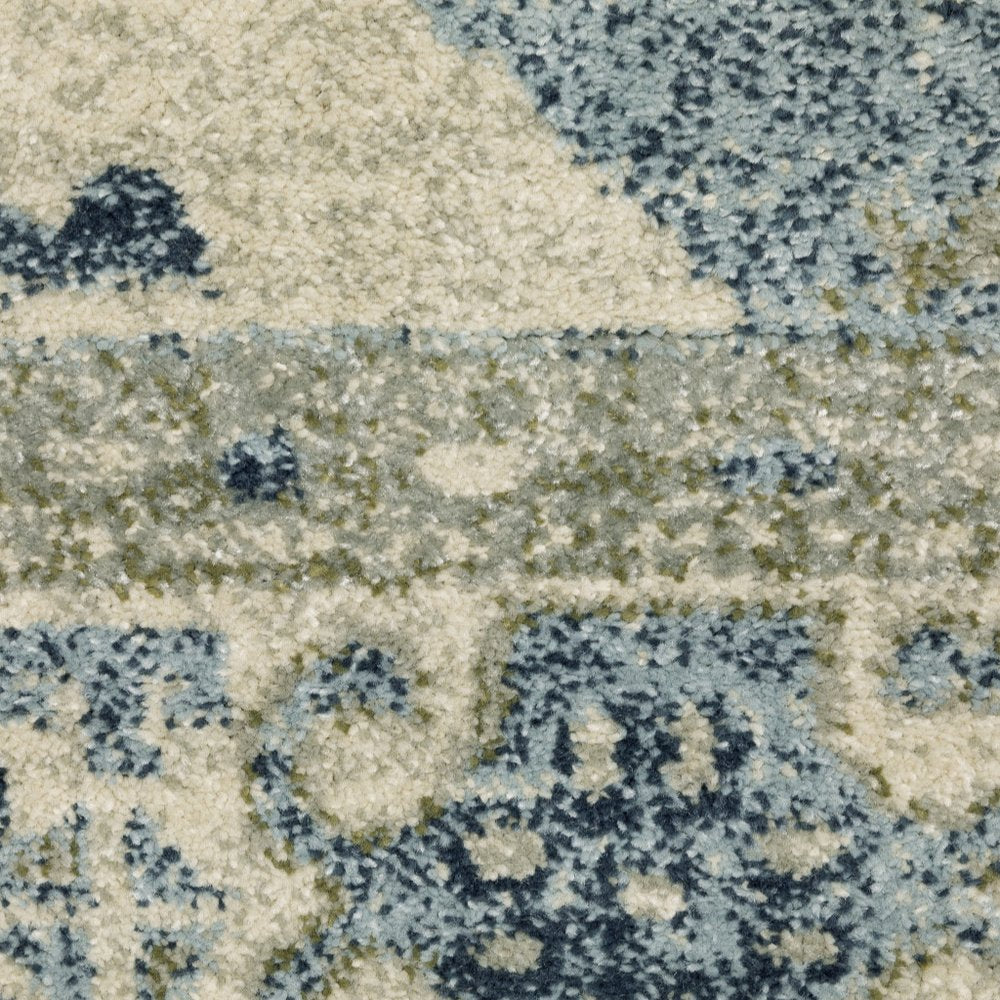 7' Blue And Beige Oriental Distressed Runner Rug