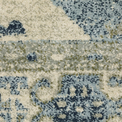 7' Blue And Beige Oriental Distressed Runner Rug