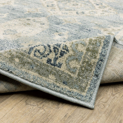7' Blue And Beige Oriental Distressed Runner Rug