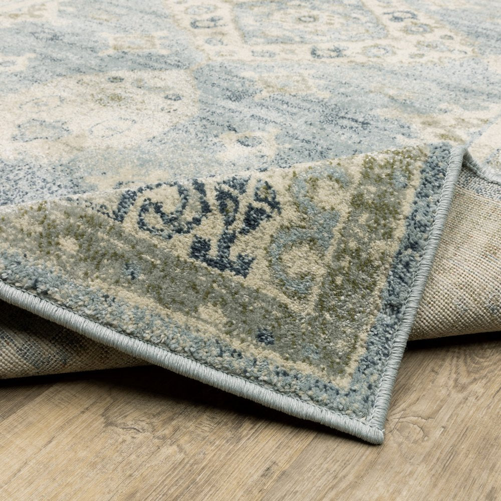 7' Blue And Beige Oriental Distressed Runner Rug