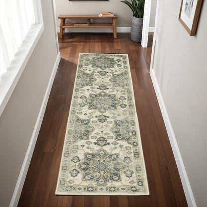 2' X 8' Ivory Blue Teal Grey And Olive Green Oriental Power Loom Stain Resistant Runner Rug