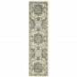 2' X 8' Ivory Blue Teal Grey And Olive Green Oriental Power Loom Stain Resistant Runner Rug