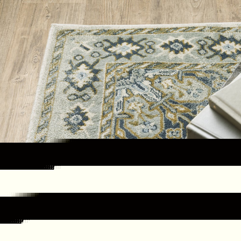 2' X 8' Ivory Blue Teal Grey And Olive Green Oriental Power Loom Stain Resistant Runner Rug