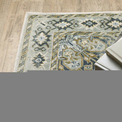2' X 8' Ivory Blue Teal Grey And Olive Green Oriental Power Loom Stain Resistant Runner Rug