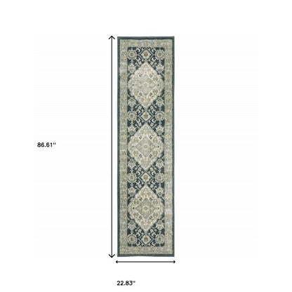2' X 8' Teal Blue Ivory Green And Grey Oriental Power Loom Stain Resistant Runner Rug