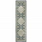 2' X 8' Teal Blue Ivory Green And Grey Oriental Power Loom Stain Resistant Runner Rug