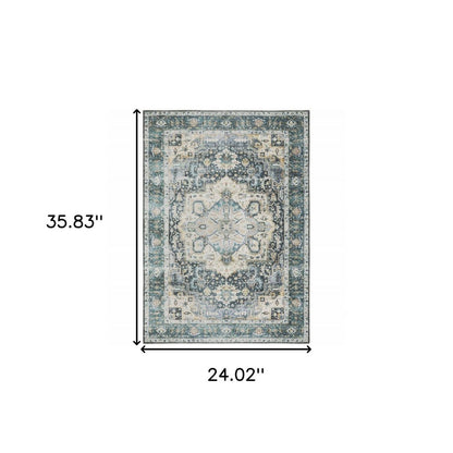2' X 3' Blue And Ivory Oriental Distressed Area Rug