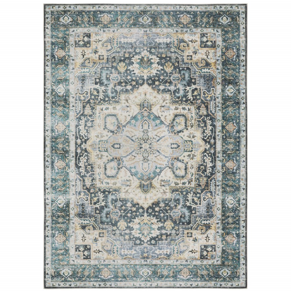 2' X 3' Blue And Ivory Oriental Distressed Area Rug