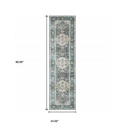 2' X 8' Blue Ivory Teal Brown And Gold Oriental Printed Stain Resistant Non Skid Runner Rug