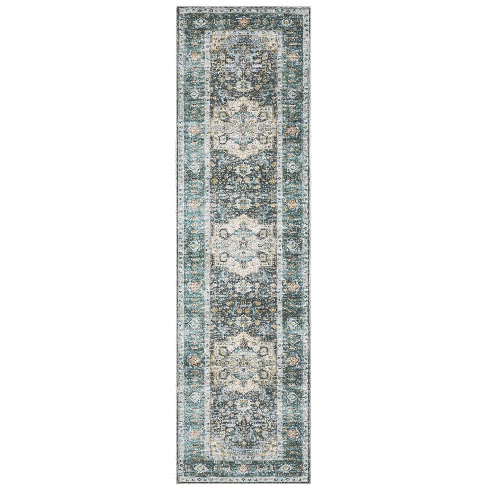 2' X 8' Blue Ivory Teal Brown And Gold Oriental Printed Stain Resistant Non Skid Runner Rug