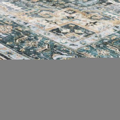 2' X 8' Blue Ivory Teal Brown And Gold Oriental Printed Stain Resistant Non Skid Runner Rug