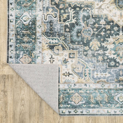 2' X 8' Blue Ivory Teal Brown And Gold Oriental Printed Stain Resistant Non Skid Runner Rug