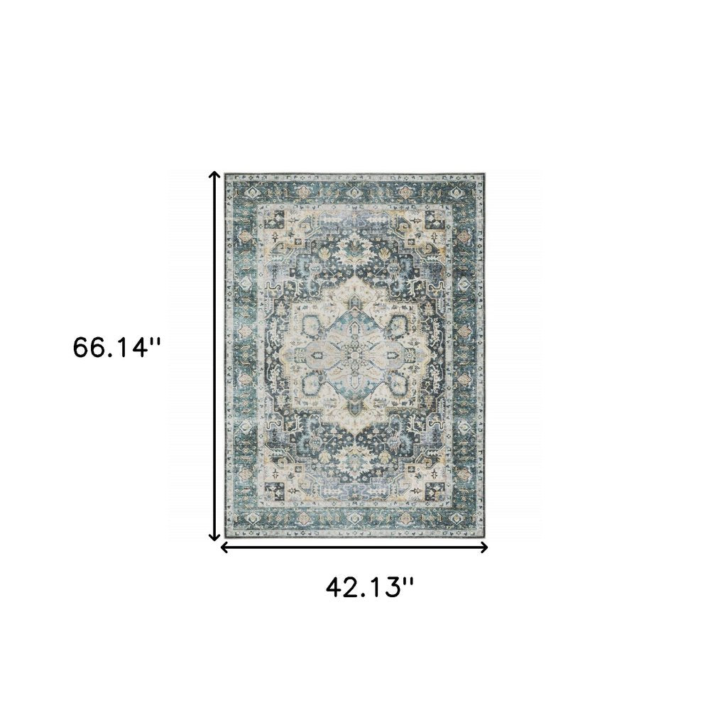 4' X 6' Blue Ivory Teal Brown And Gold Oriental Printed Stain Resistant Non Skid Area Rug