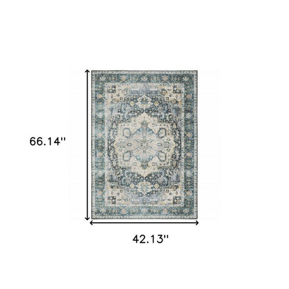4' X 6' Blue Ivory Teal Brown And Gold Oriental Printed Stain Resistant Non Skid Area Rug