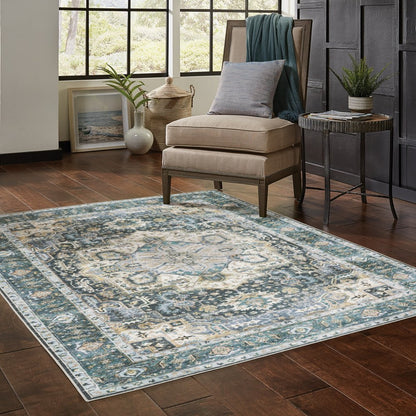4' X 6' Blue Ivory Teal Brown And Gold Oriental Printed Stain Resistant Non Skid Area Rug