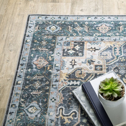4' X 6' Blue Ivory Teal Brown And Gold Oriental Printed Stain Resistant Non Skid Area Rug