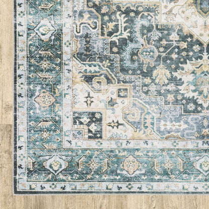 4' X 6' Blue Ivory Teal Brown And Gold Oriental Printed Stain Resistant Non Skid Area Rug