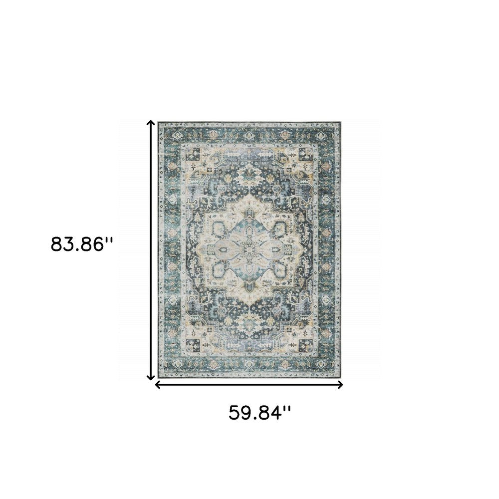 5' X 7' Blue Ivory Teal Brown And Gold Oriental Printed Stain Resistant Non Skid Area Rug