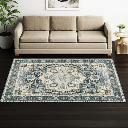 5' X 7' Blue Ivory Teal Brown And Gold Oriental Printed Stain Resistant Non Skid Area Rug