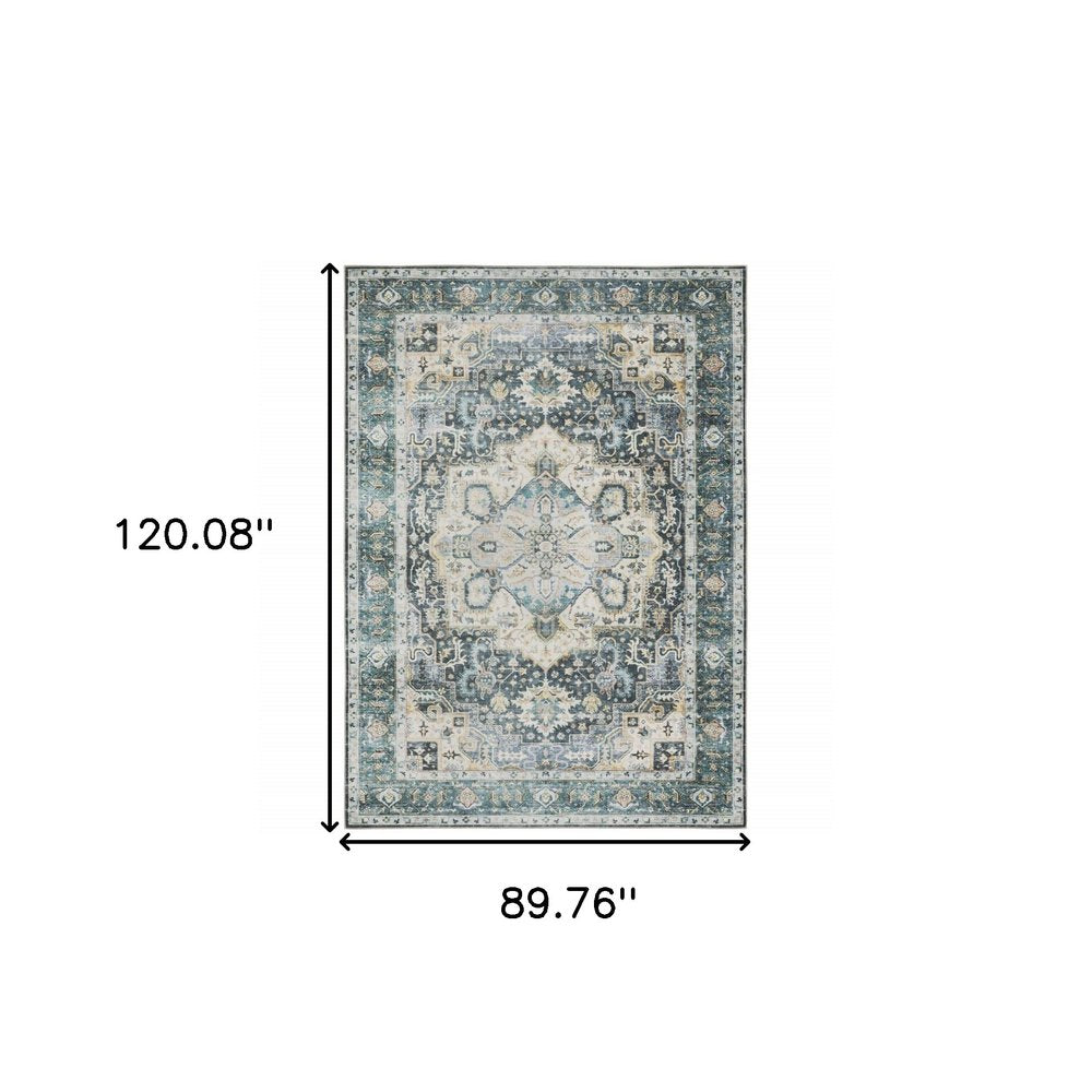7' X 10' Blue and Ivory Oriental Non Skid Area Rug