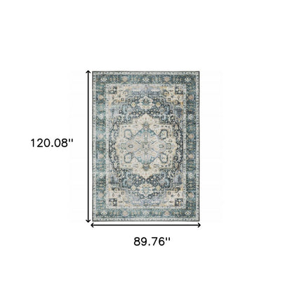 7' X 10' Blue and Ivory Oriental Non Skid Area Rug